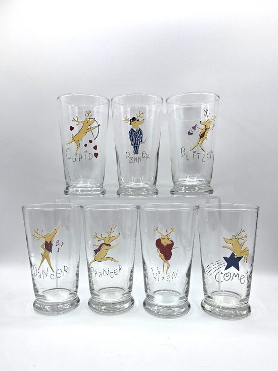 POTTERY BARN Retired Christmas Reindeer Tumbler Glasses Set of 7 Discontinued - Picture 1 of 9